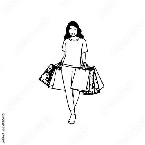 Black and white line art of a beautiful happy woman carrying shopping bags minimalist cheerful illustration