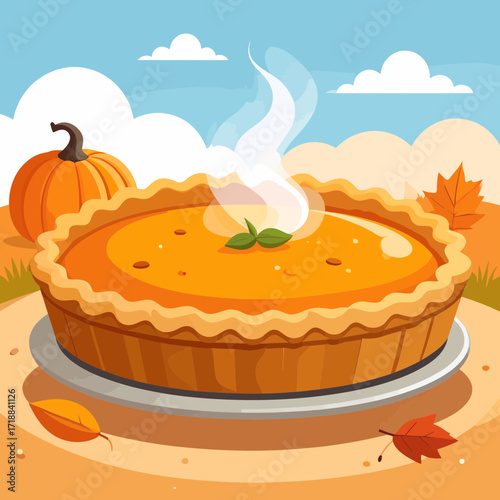 Steaming hot, golden-crusted pumpkin pie, a quintessential Thanksgiving dessert, evoking warmth and comfort for festive autumn celebrations and family gatherings