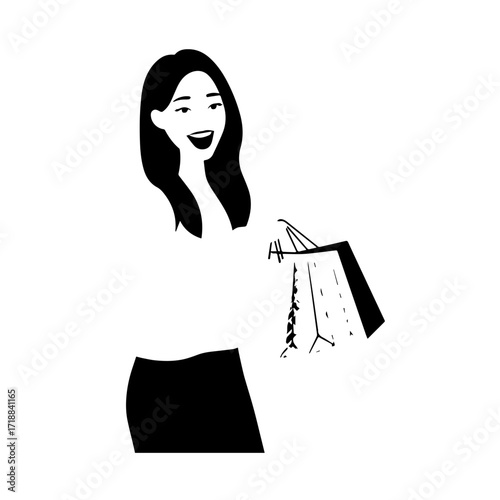 Black and white line art of a beautiful happy woman carrying shopping bags minimalist cheerful illustration
