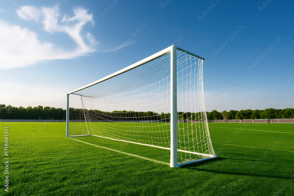 Fototapeta premium Soccer goalpost on green grass field under clear blue sky with bright sunlight