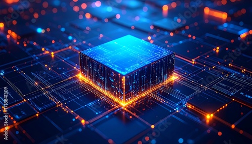 Abstract glowing circuit board with central cube