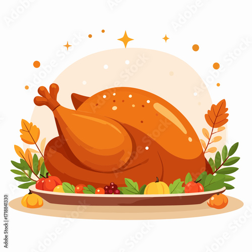 A beautifully roasted turkey on a platter as the centerpiece for a festive Thanksgiving dinner celebration