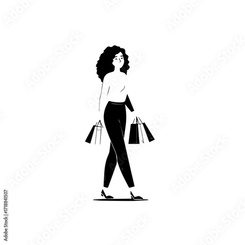 Black and white line art of a beautiful happy woman carrying shopping bags minimalist cheerful illustration