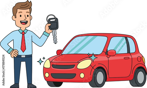 Cartoon car salesman holding keys to a new red vehicle