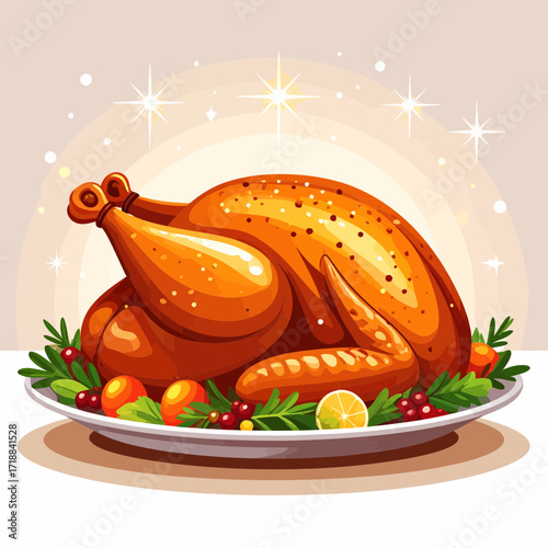 Vector illustration of a traditional roasted turkey on a platter for a happy Thanksgiving holiday feast