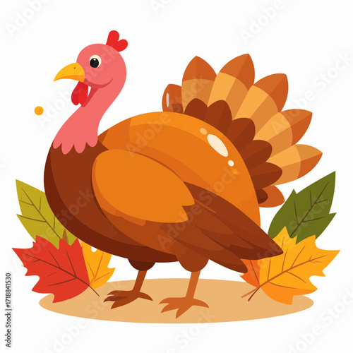 A charming cartoon turkey illustration surrounded by autumn leaves, perfect for Thanksgiving holiday celebrations