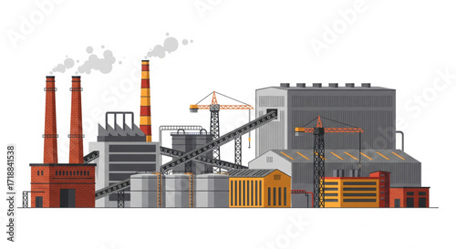 Illustration of a factory complex with chimneys emitting smoke, cranes, and various industrial buildings.