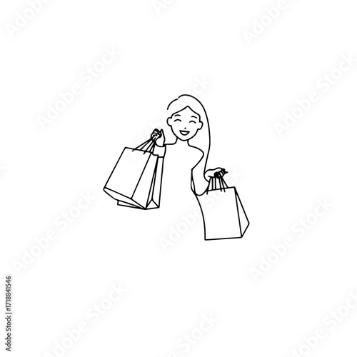 Black and white line art of a beautiful happy woman carrying shopping bags minimalist cheerful illustration