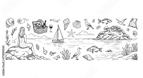 Whimsical seaside scene unfolds with a woman gazing at a sailboat, picnic basket, island village, and marine life, perfect for summer and travel themes.
