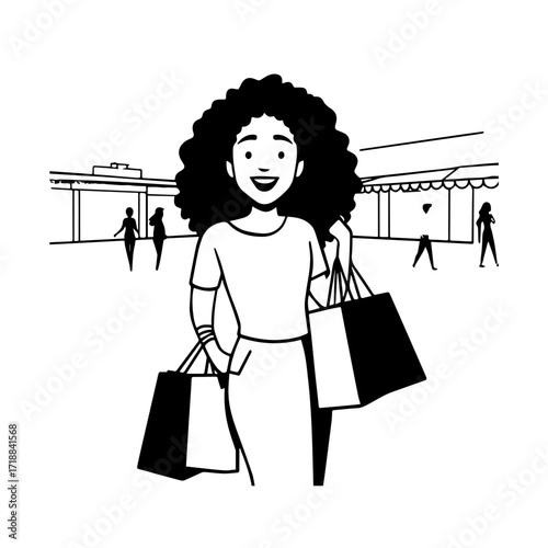Black and white line art of a beautiful happy woman carrying shopping bags minimalist cheerful illustration