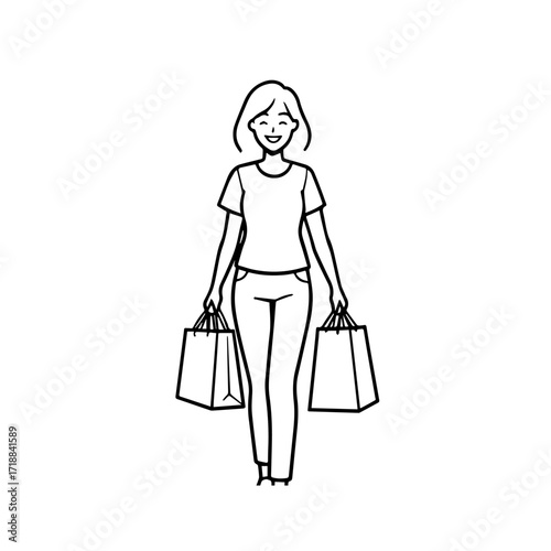 Black and white line art of a beautiful happy woman carrying shopping bags minimalist cheerful illustration
