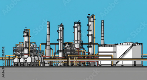 A detailed illustration showcasing a complex industrial oil refinery with various structures and piping.