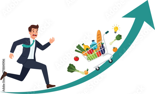 Inflation rising grocery prices businessman running from cost