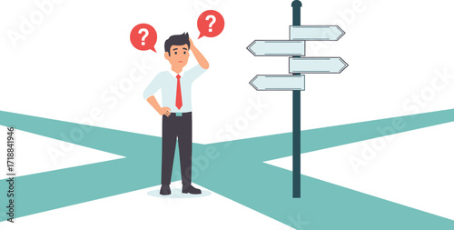 Decision making concept confused man at crossroads signpost