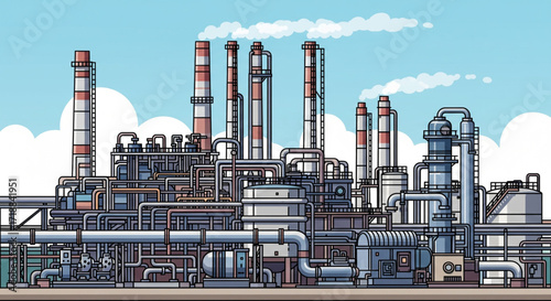 A sprawling industrial complex with numerous smokestacks and interconnected pipes, emitting smoke against a partly cloudy sky.