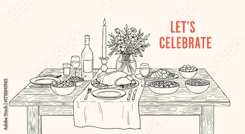 Holiday celebration illustration of a beautifully set dining table with delicious food and wine, perfect for Thanksgiving or Christmas dinner gatherings
