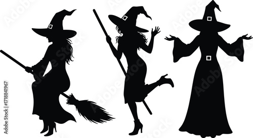 Witch silhouettes with broomstick and hat, Halloween mystical magic figure, fantasy illustration for spooky holiday, sorcery, enchantment and celebration design