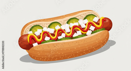 A delicious hot dog topped with mustard, ketchup, pickles, and cheese.