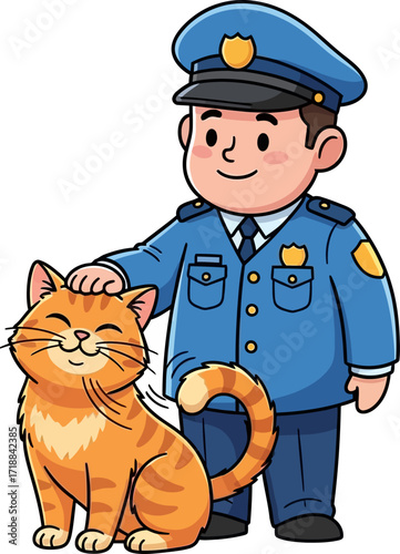 officers gentle kindness a heartwarming cartoon of a friendly police officer petting a cat, isolated on transparent background