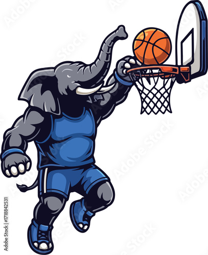 Powerful Elephant Mascot Dunking Basketball Vector Sports Logo Illustration

