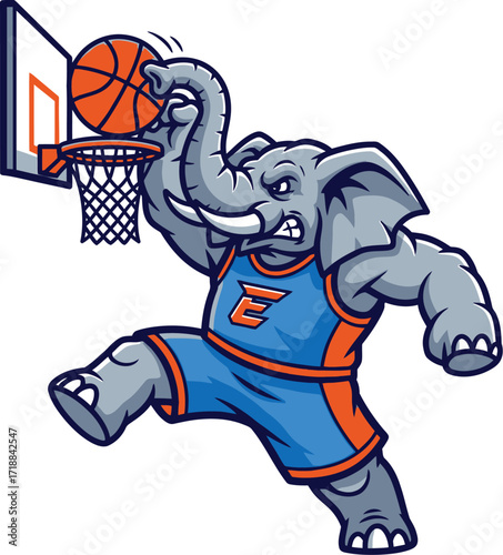 Powerful Elephant Mascot Dunking Basketball Vector Sports Logo Illustration

