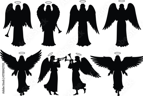 Holy angel silhouette with halo and wings, religious spiritual artwork, trumpet playing angels, divine illustration, Christian symbol, heavenly background design