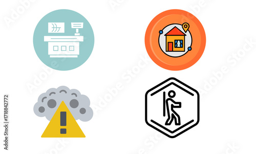 Four icons depicting a store, house location, warning sign, and pedestrian sign.