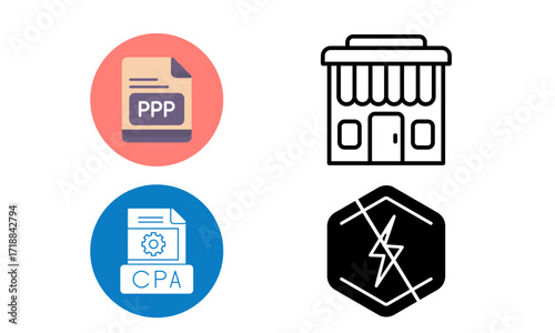 Four distinct icons representing business concepts: a PPP document, a storefront, a CPA document, and a 'no electricity' symbol.
