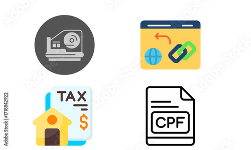 Four flat design icons representing business concepts, including a labeler, a website with a link, a tax document with a house, and a CPF document.