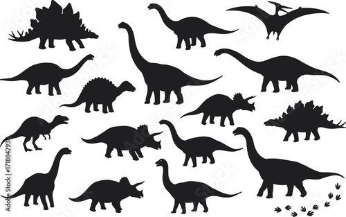 Dinosaur silhouettes collection with Stegosaurus, Triceratops, Brachiosaurus, Ankylosaurus, T Rex, Pterosaur, prehistoric animals, vector illustration for education and science