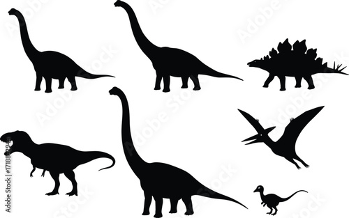 Dinosaur silhouettes collection with T Rex, Stegosaurus, Brachiosaurus, Pterodactyl, prehistoric reptiles, Jurassic animals, vector illustration for education and science