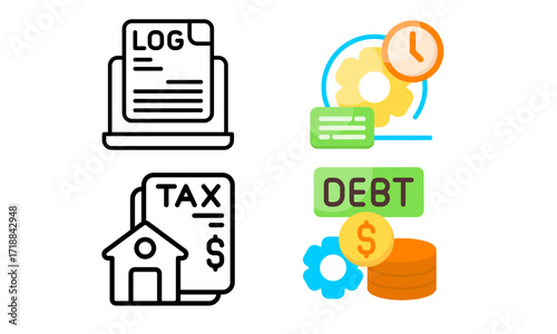 Financial Accounting Icons Log, Tax, Debt, Time Management