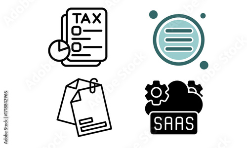 A collection of four distinct icons representing business and technology concepts, including tax documents, a menu, attached papers, and a cloud-based SaaS application.