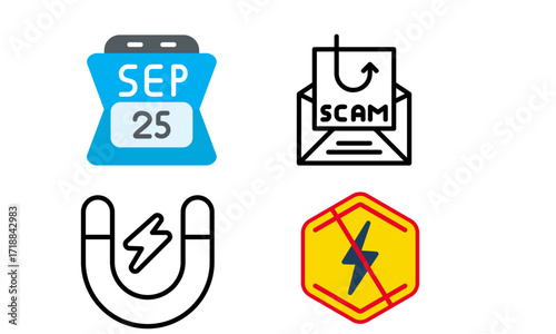 Icons depicting a calendar, scam email, magnet, and no electricity sign.