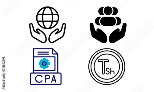 Four icons representing global reach, support, document verification, and currency.