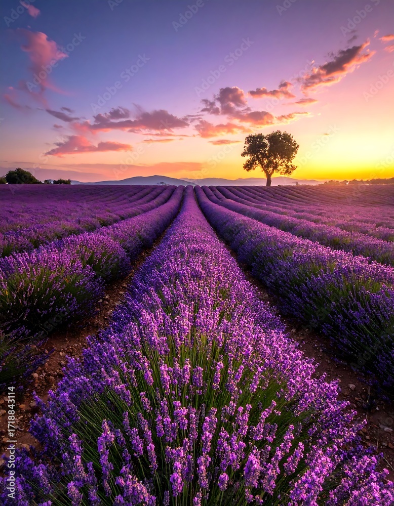 Naklejka premium Lavender field at sunrise