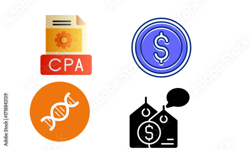 Four distinct icons representing CPA, a dollar coin, DNA, and price tags with a speech bubble.
