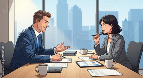 Business colleagues collaborate during a meeting, discussing documents and ideas in a modern office overlooking a city.