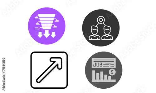 Four business icons: funnel, hierarchy, growth, and job statistics.