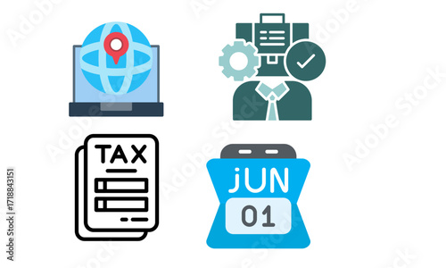 Four business icons depicting global reach, task management, tax documents, and a specific date.