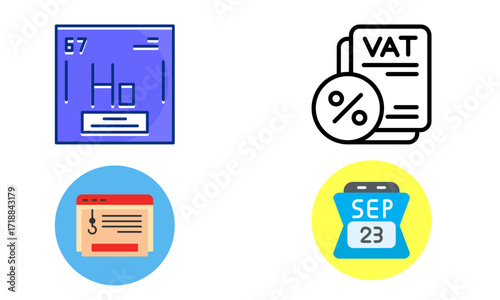 A collection of four distinct icons representing science, finance, online services, and scheduling.