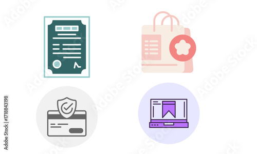 Icons representing business transactions, secure payments, online shopping, and digital delivery services.