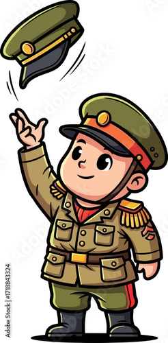 playful military tot tossing cap cartoon fun, isolated on transparent background