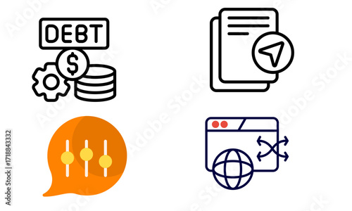 Essential business and financial management icons depicting global connectivity, debt optimization, data transfer, and adjustable settings for modern digital operations