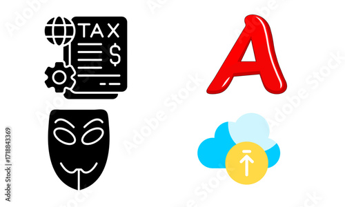 Collection of four distinct icons, including a tax document, the letter A, a mask, and a cloud upload symbol.