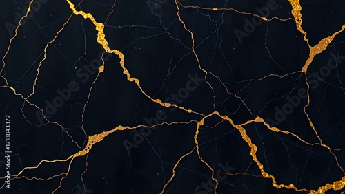 Luxurious black marble texture with elegant golden cracks, a stunning abstract background inspired by the Japanese art of kintsugi