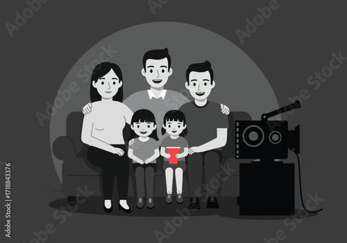 Family of five sitting on a couch watching a movie with a vintage projector.