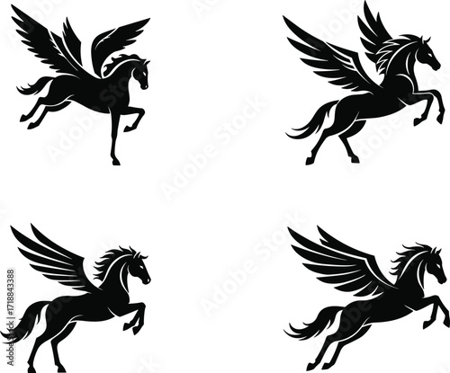 Silhouette Pegasus horse with wings, flying fantasy mythical creature, elegant black stallion illustration, isolated vector artwork design, legend mythology concept