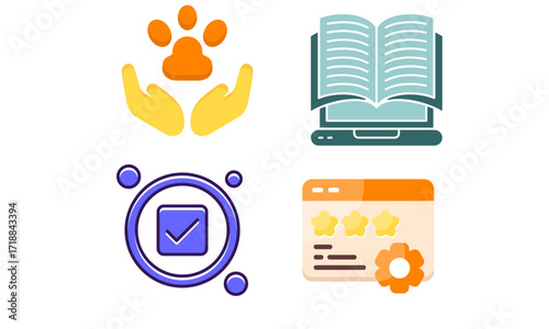 Four colorful icons representing pet care, educational resources, verification, and online reviews.