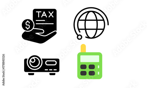 Four icons depicting tax, global network, projector, and calculator.
